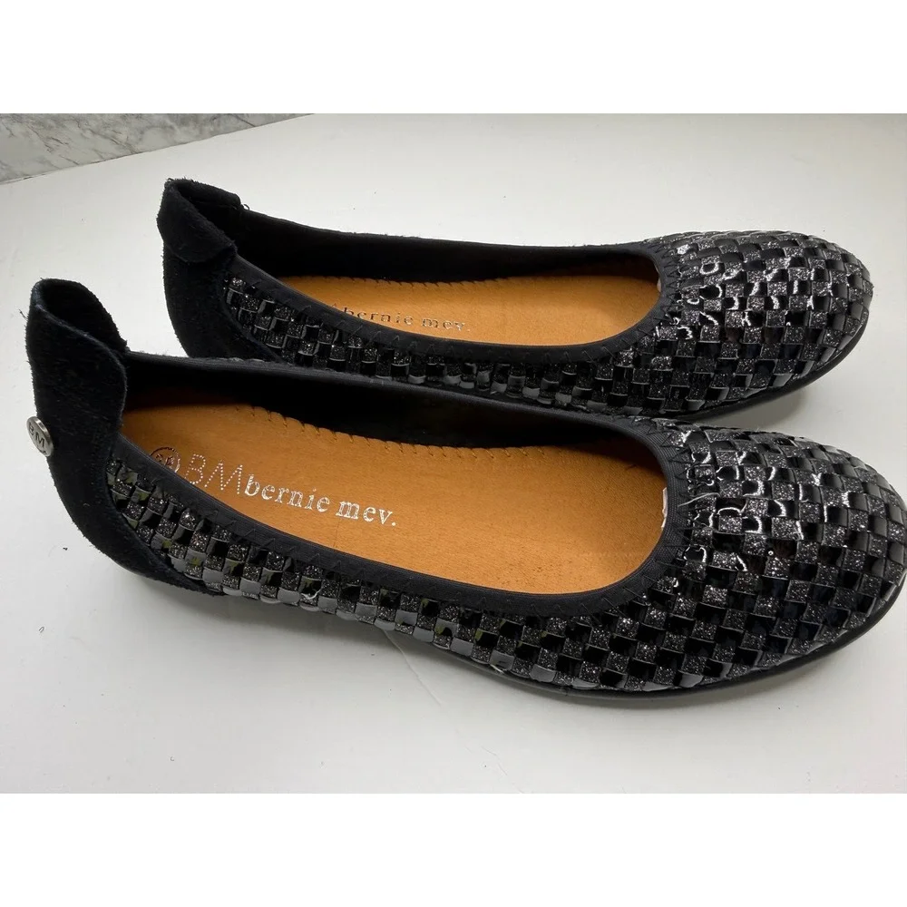 Bernie Mev Catwalk Black Glitter Woven Elastic Ballet‎ Flats Womens Size 38 EU